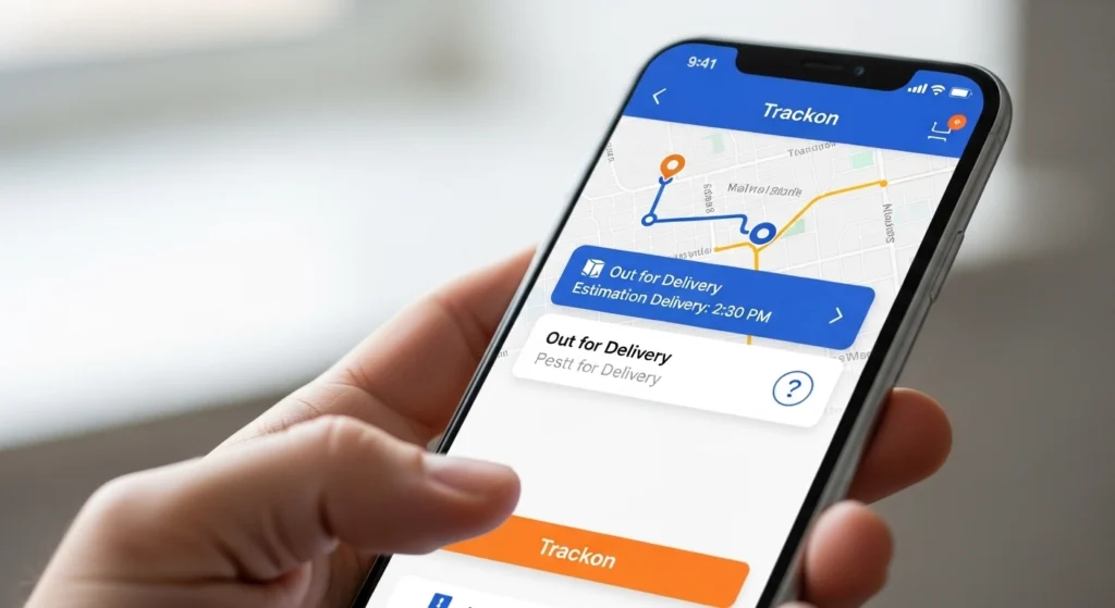 Trackon Courier tracking on mobile app showing real-time delivery status